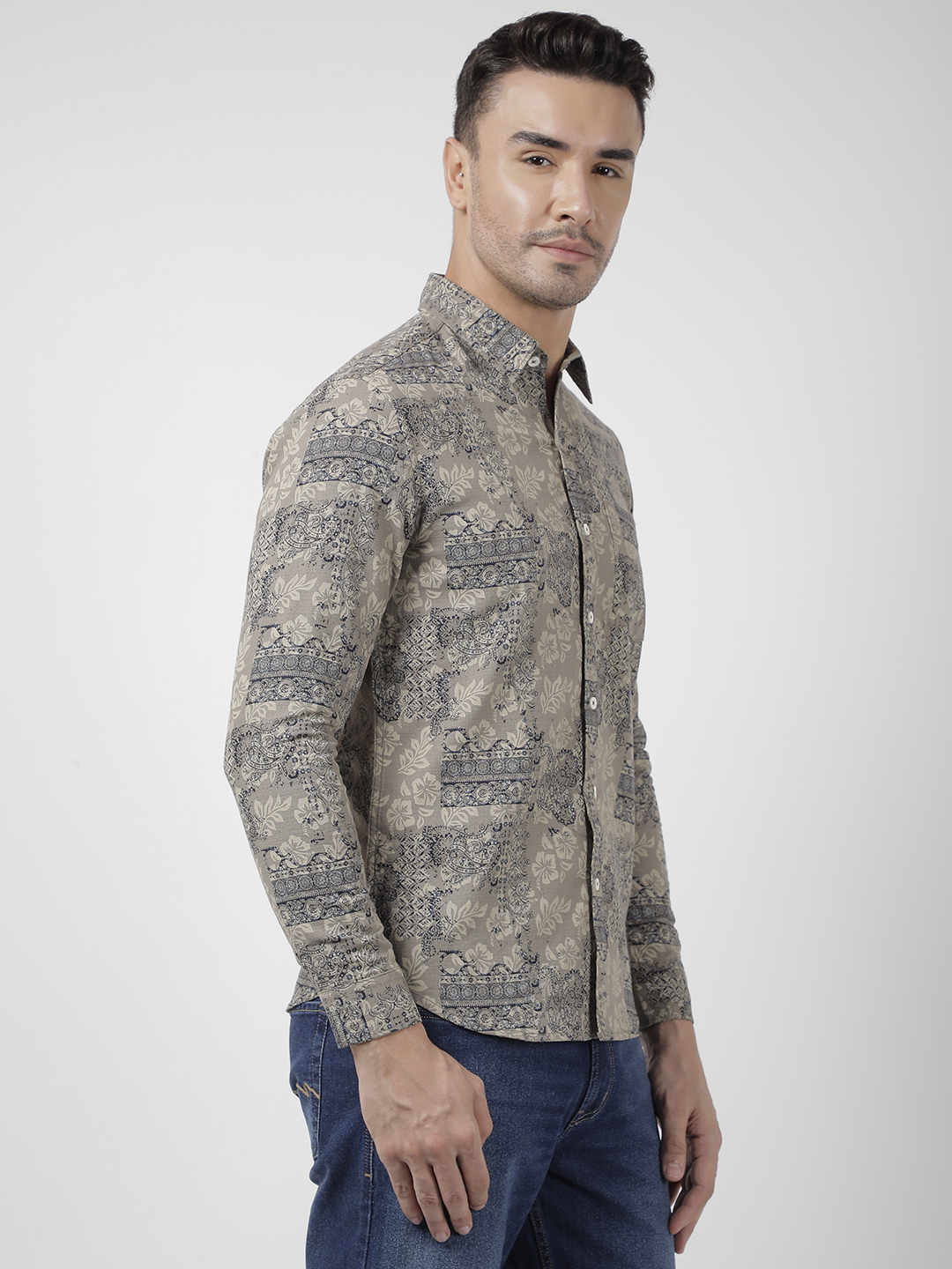 Numero Uno Men Abstract Beige Shirt